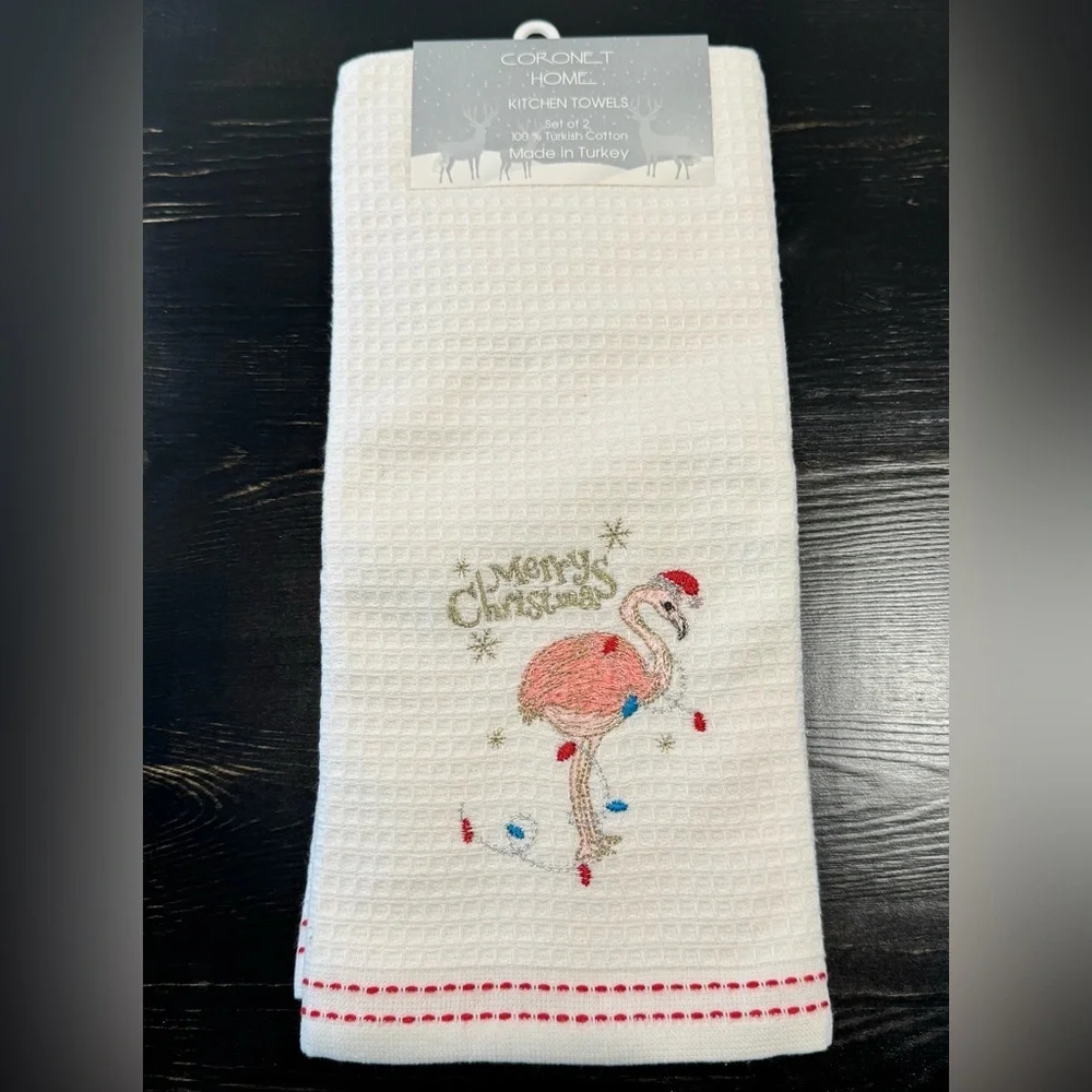 New Merry Christmas Pink Flamingo Turkish Cotton Kitchen Towels Set of 2